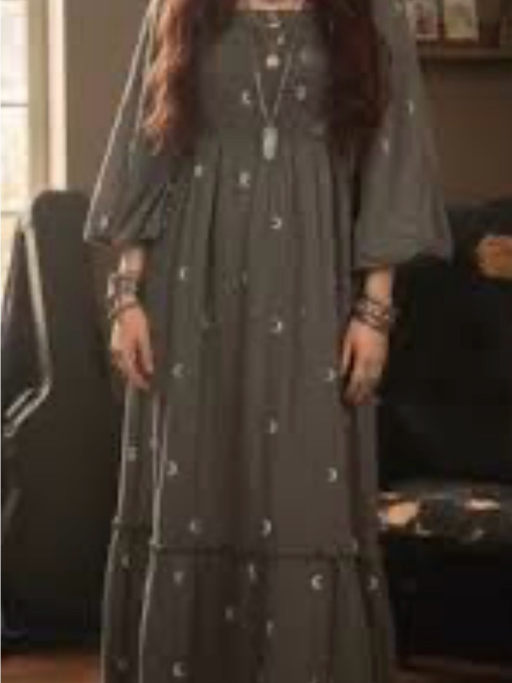 Earthbound XXL Bohemian Gray Moon-Print Maxi Dress witchy/celestial